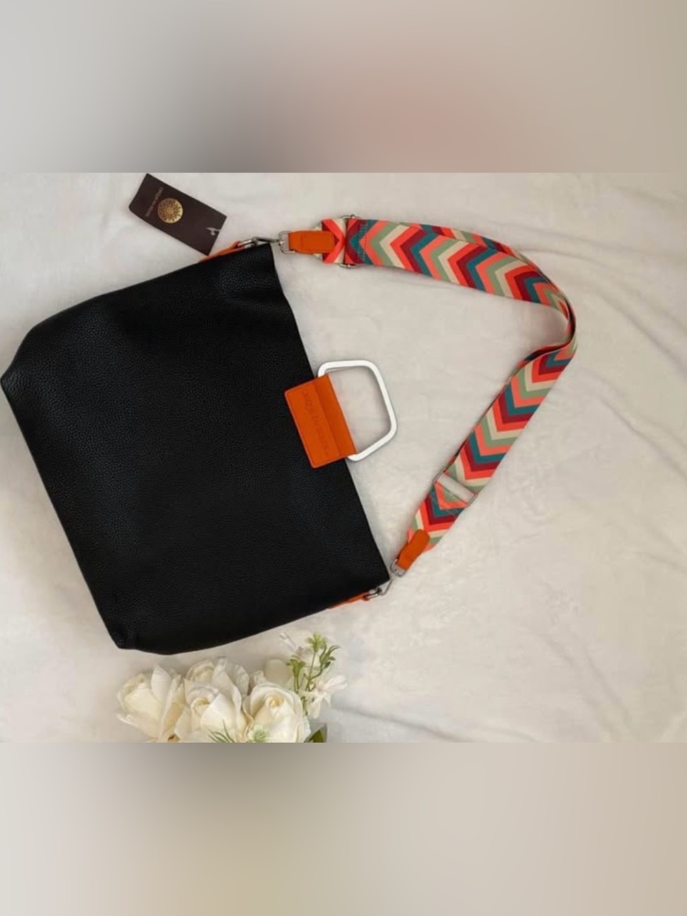 Black Pebbled Crossbody Bag with Chevron Strap